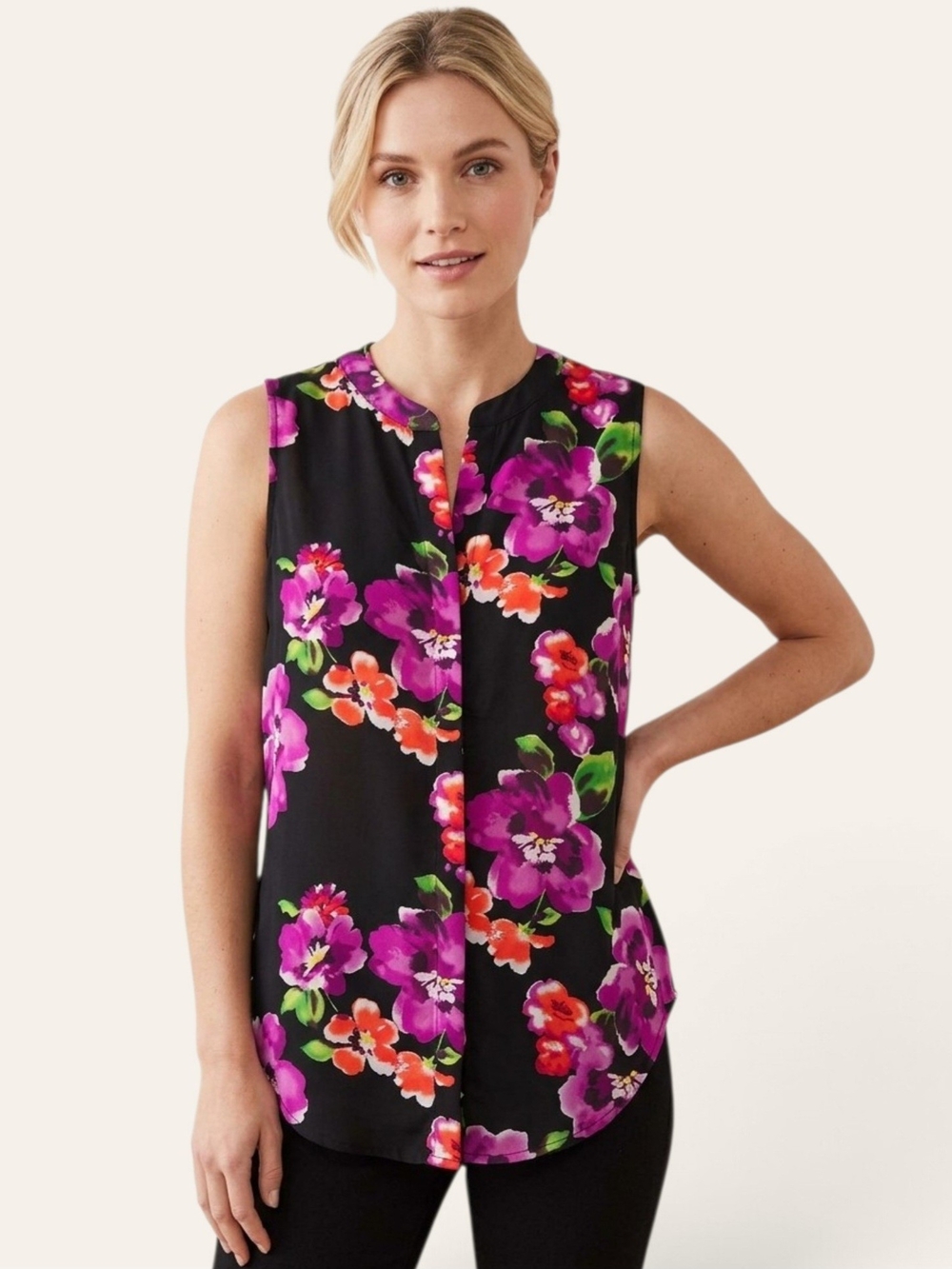 Gibson Black Sleeveless Floral Camisole with Purple & Pink Blooms